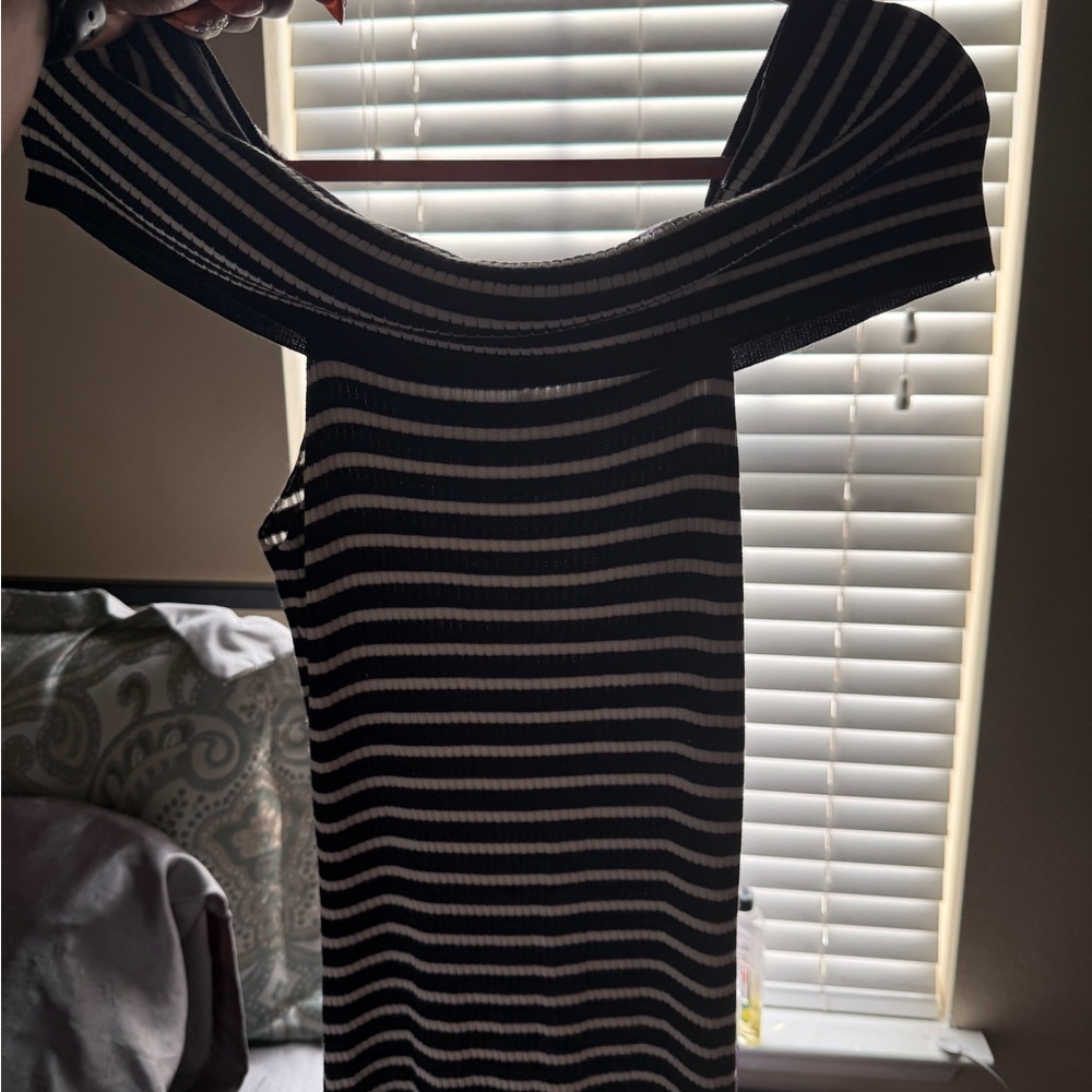 Striped Off-Shoulder Knit Dress - Black & White